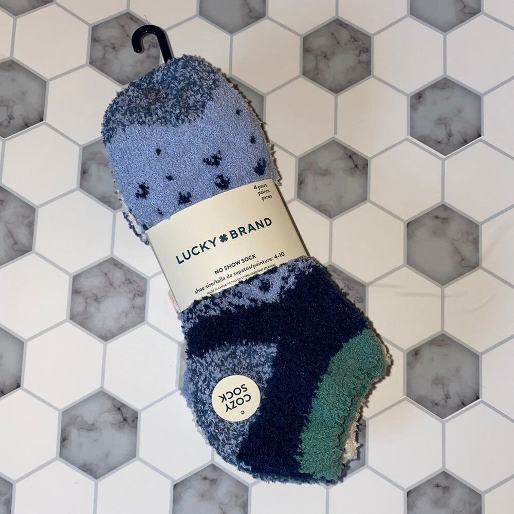 Lucky Brand Women’s Fuzzy No Show Socks Blue Green White 4 Pairs NWT